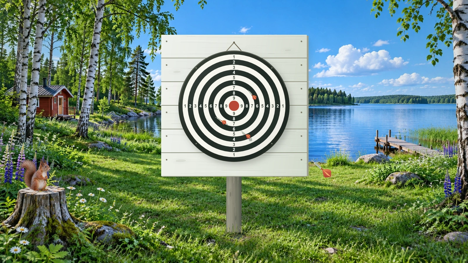 The Finnish dartboard on its white backing and single wooden post beside the lake, with three darts in the board and one flying toward it.
