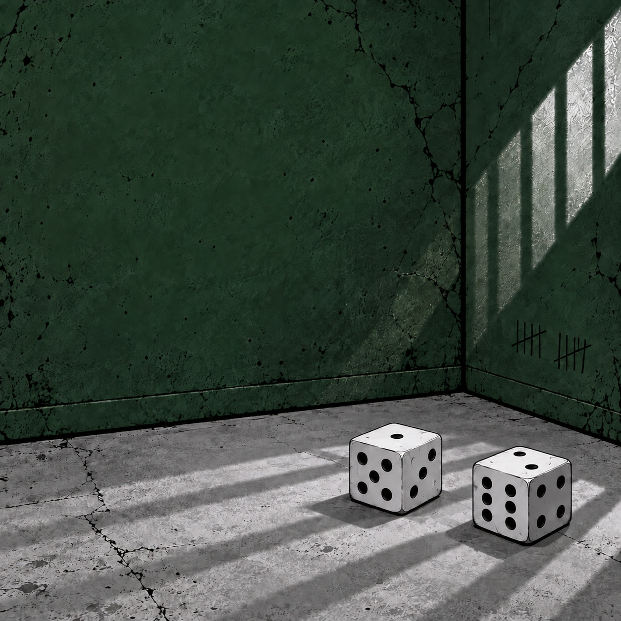 Two white dice on the sunlit floor of a green prison cell.